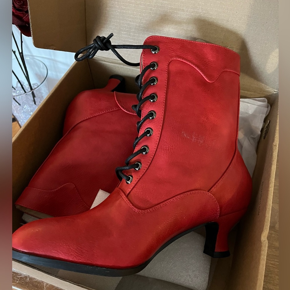 Red Lace-Up Victorian Ankle Boots